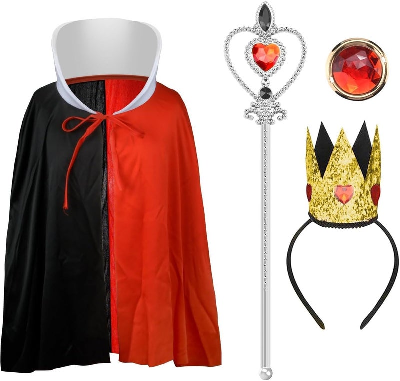 Abitoncc Store 4Pcs Queen Hearts Dress-up Accessories with Cape Crown Wand Red Brooch for Women on Halloween Xmas - Image 1